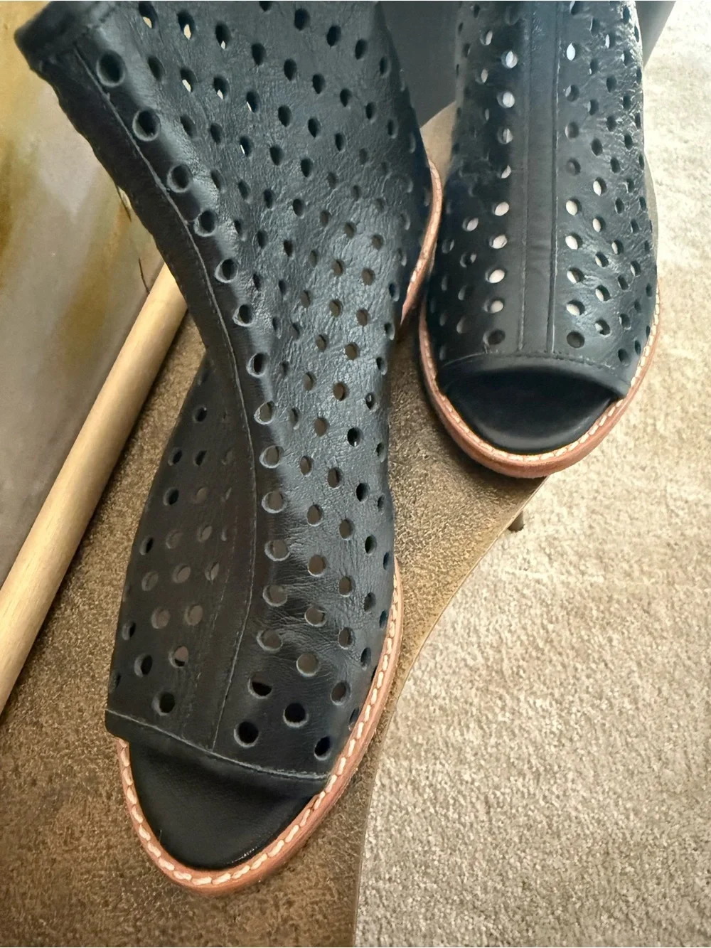 Loeffler Randall Black Perforated Peep-Toe Ankle Booties with Tan Sole